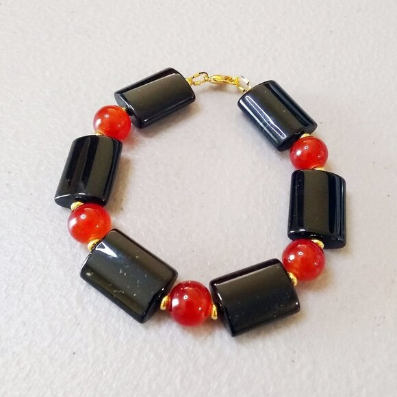 Black Red & Gold! Chunky Black Agate Bracelet 8" ~ Balance Grounding Strength - Picture 2 of 7